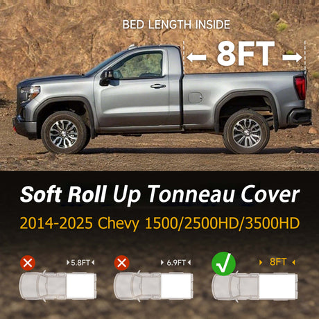 Trucktok 2014-2025 Chevy Silverado Sierra 8FT Soft Roll Up Tonneau Cover Bed TruckTok