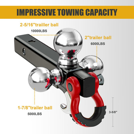 Trucktok 2" Hitch Receiver 3-Ball with Swivel Shackle Hook & Key Lock TruckTok