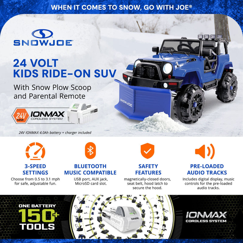 Snow Joe 24-Volt Ride-On Car with Snow Plow and Scoop, Parental Remote Control, Blue