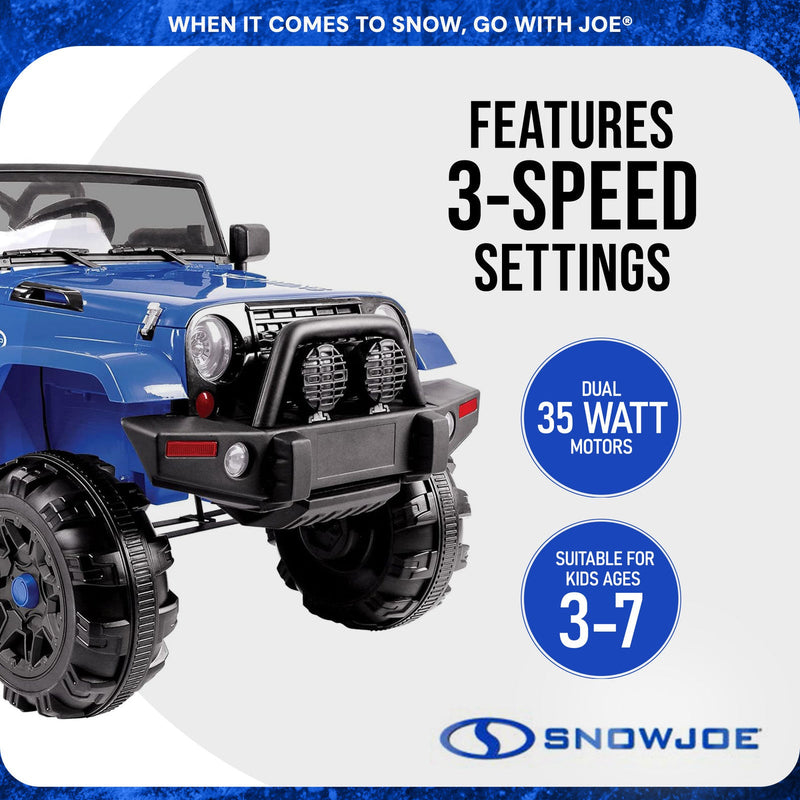 Snow Joe 24-Volt Ride-On Car with Snow Plow and Scoop, Parental Remote Control, Blue