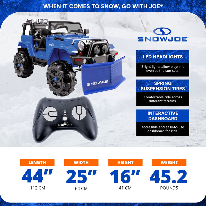 Snow Joe 24-Volt Ride-On Car with Snow Plow and Scoop, Parental Remote Control, Blue