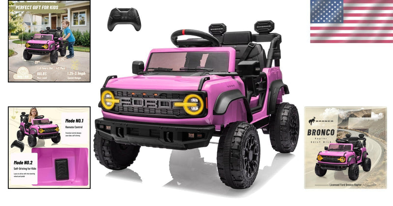 12V Electric Ford Bronco Ride-On Car with Remote Control and Safety Seat Belt for Ages 3-8
