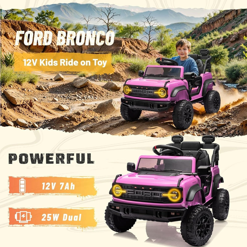 12V Electric Ford Bronco Ride-On Car with Remote Control and Safety Seat Belt for Ages 3-8