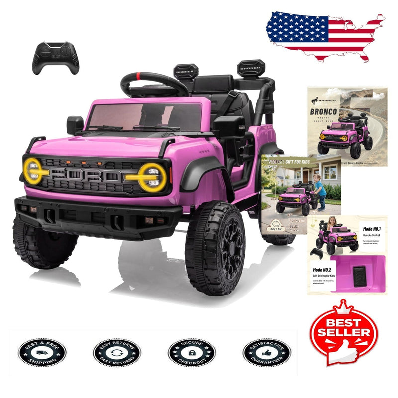 12V Electric Ford Bronco Ride-On Car with Remote Control and Safety Seat Belt for Ages 3-8