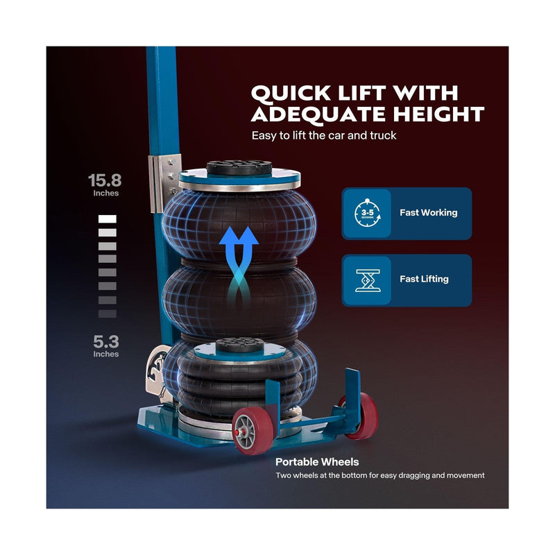 3 Ton Pneumatic Air Bag Car Jack with Wheels and Adjustable Height, 6600 lbs Capacity