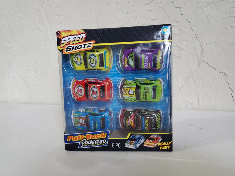 6-Piece Pull-Back Race Car Set in Black, Blue, Red, Green, Purple, and Yellow