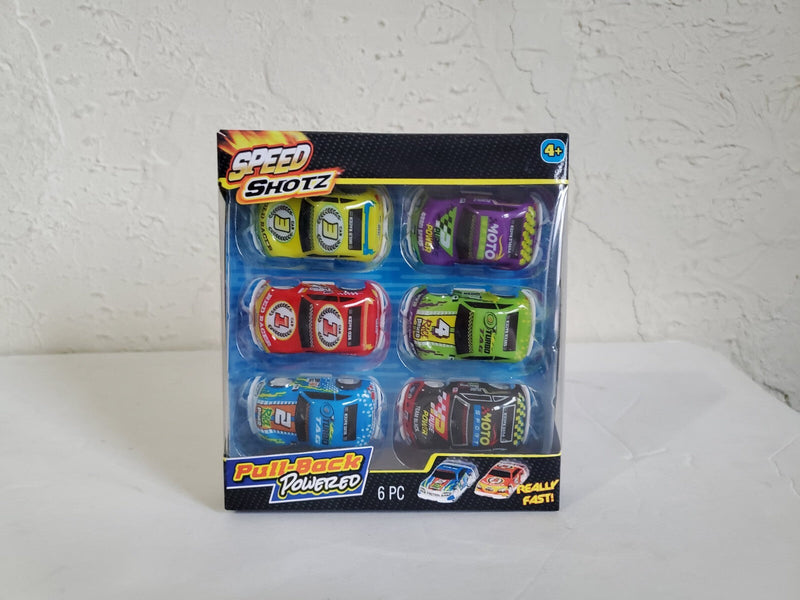 6-Piece Pull-Back Race Car Set in Black, Blue, Red, Green, Purple, and Yellow