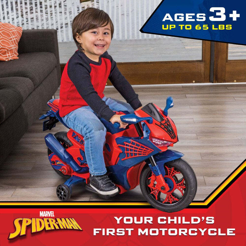 6V Spiderman Ride-On Motorcycle for Kids Ages 3+ with Rechargeable Battery