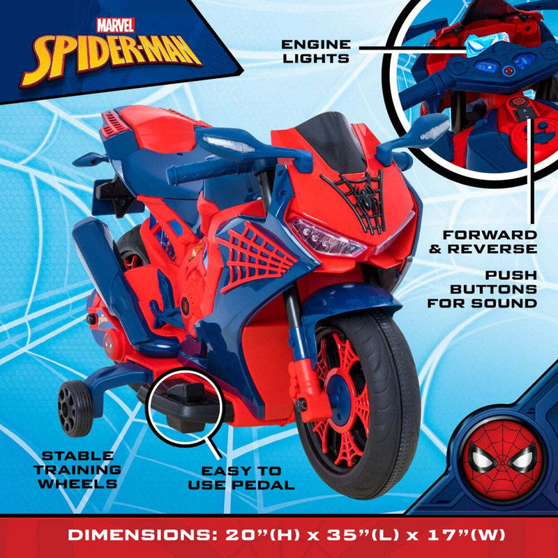 6V Spiderman Ride-On Motorcycle for Kids Ages 3+ with Rechargeable Battery