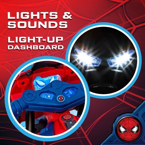 6V Spiderman Ride-On Motorcycle for Kids Ages 3+ with Rechargeable Battery and 65 lbs Weight Capacity