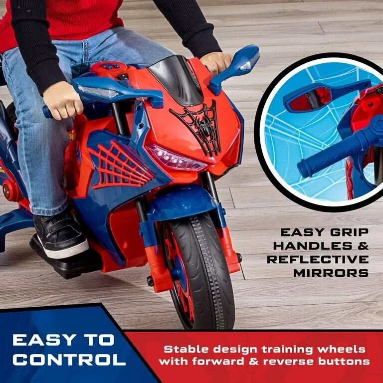 Spiderman 6V Motorcycle Ride On for Kids, Ages 3+, with Rechargeable Battery and 65lbs Weight Capacity