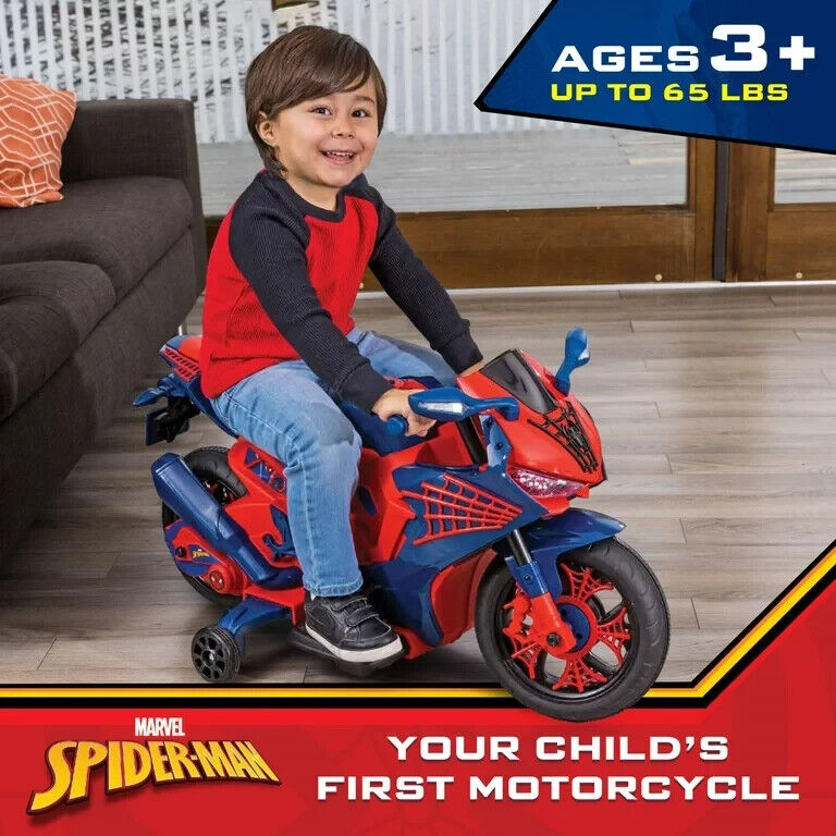 Spiderman 6V Motorcycle Ride On for Kids, Ages 3+, with Rechargeable Battery and 65lbs Weight Capacity