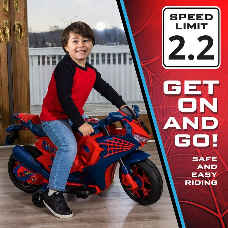 Spiderman 6V Motorcycle Ride On for Kids, Ages 3+, with Rechargeable Battery and 65lbs Weight Capacity