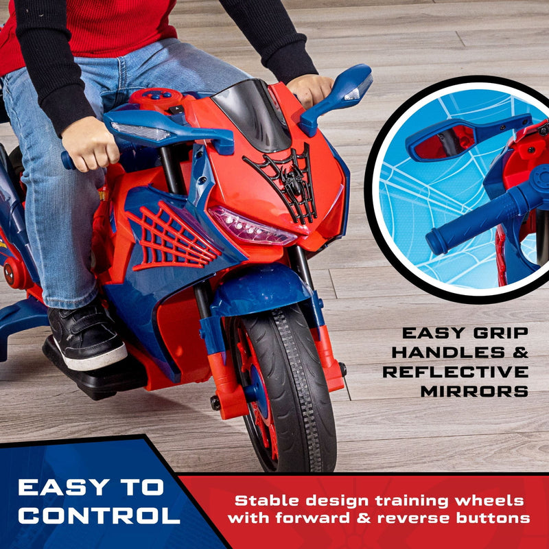 6V Rechargeable Spiderman Ride-On Motorcycle for Kids Ages 3+ Up to 65 lbs