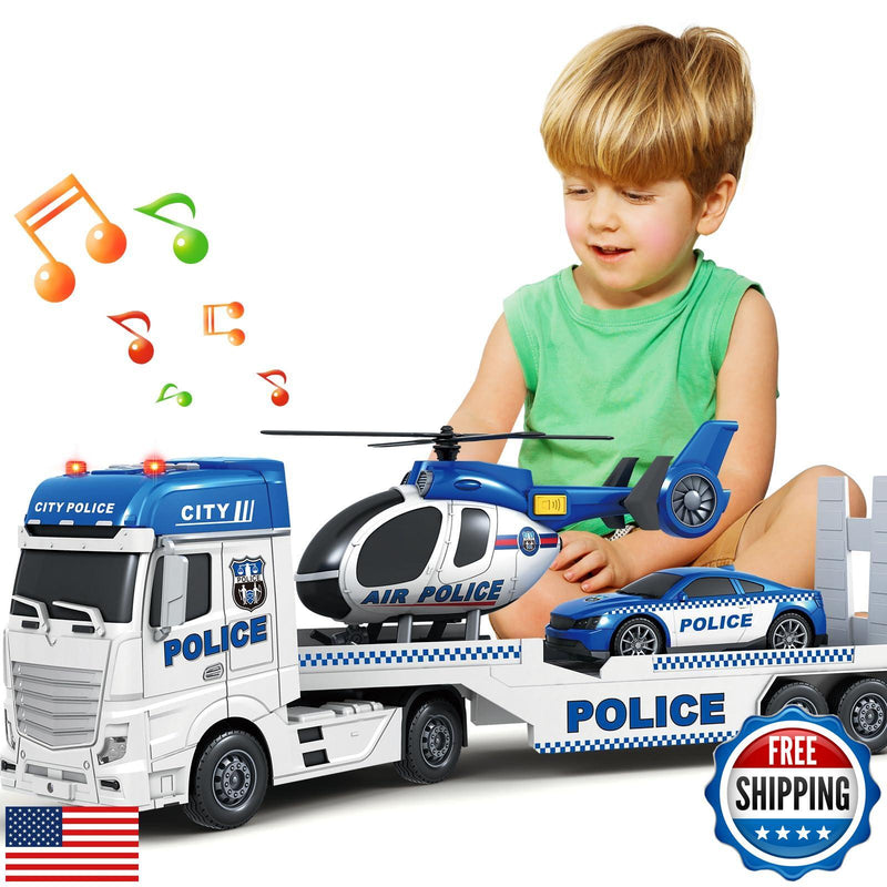 25-Inch Large Police Truck Toy with Racing Car for Toddler Boys