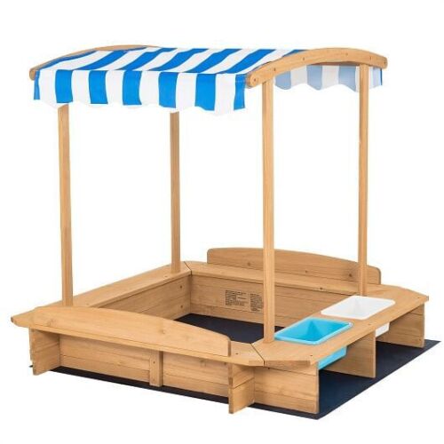 Striped Canopy Wooden Sandbox for Kids - Perfect for Outdoor Playtime!