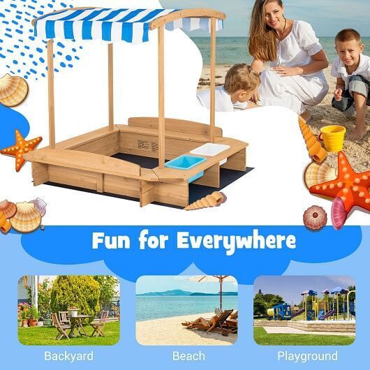 Striped Canopy Wooden Sandbox for Kids - Perfect for Outdoor Playtime!