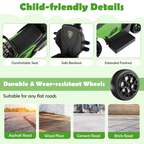 3-in-1 Licensed Lamborghini Ride-On Push Stroller Car with Sound Green