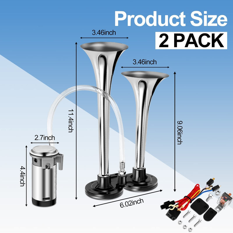 2-Pack 12V 150dB Loud Air Horn Kit for Trucks, Boats, and Cars with Air Compressor