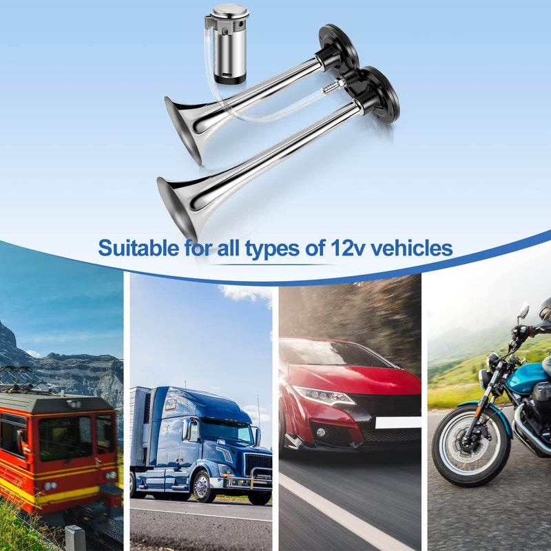 2-Pack 12V 150dB Loud Air Horn Kit for Trucks, Boats, and Cars with Air Compressor