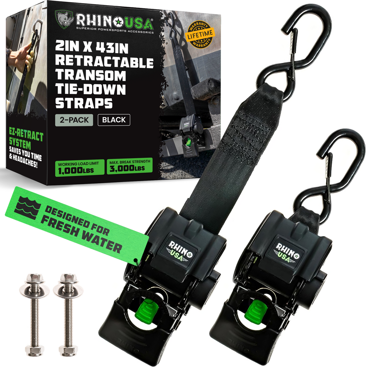 2" x 43" Retractable Transom Tie-Down Straps (2-Pack)