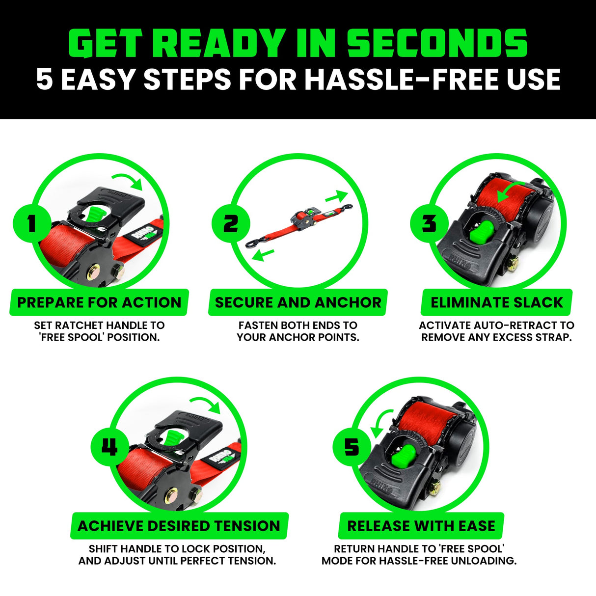 1" x 10' Retractable Ratchet Straps