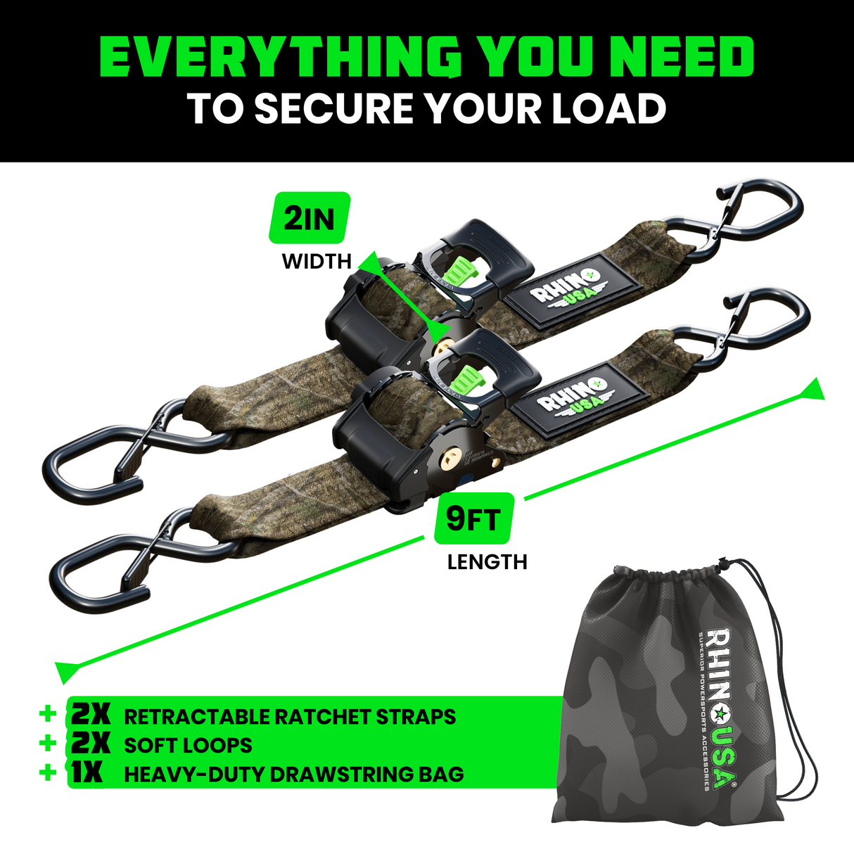2" x 10' Retractable Ratchet Straps