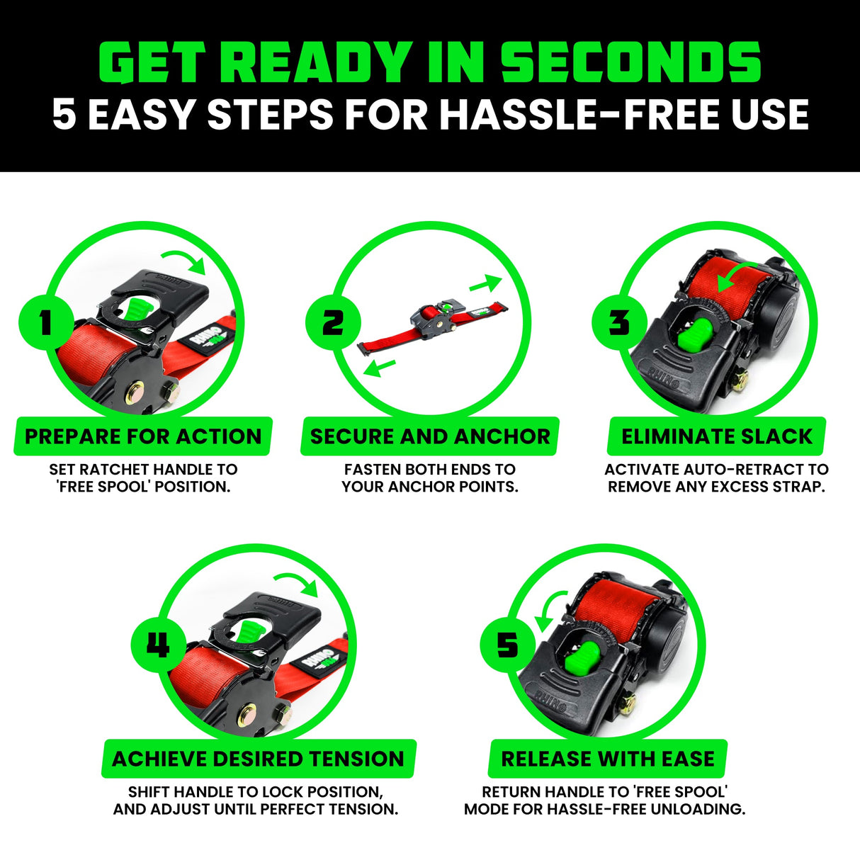 2" x 10' Retractable E-Track Ratchet Straps