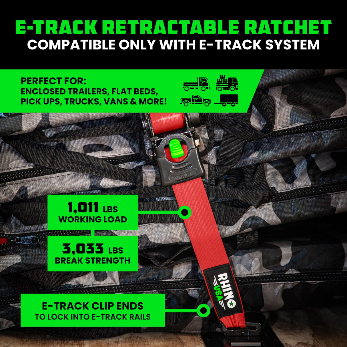 2" x 10' Retractable E-Track Ratchet Straps