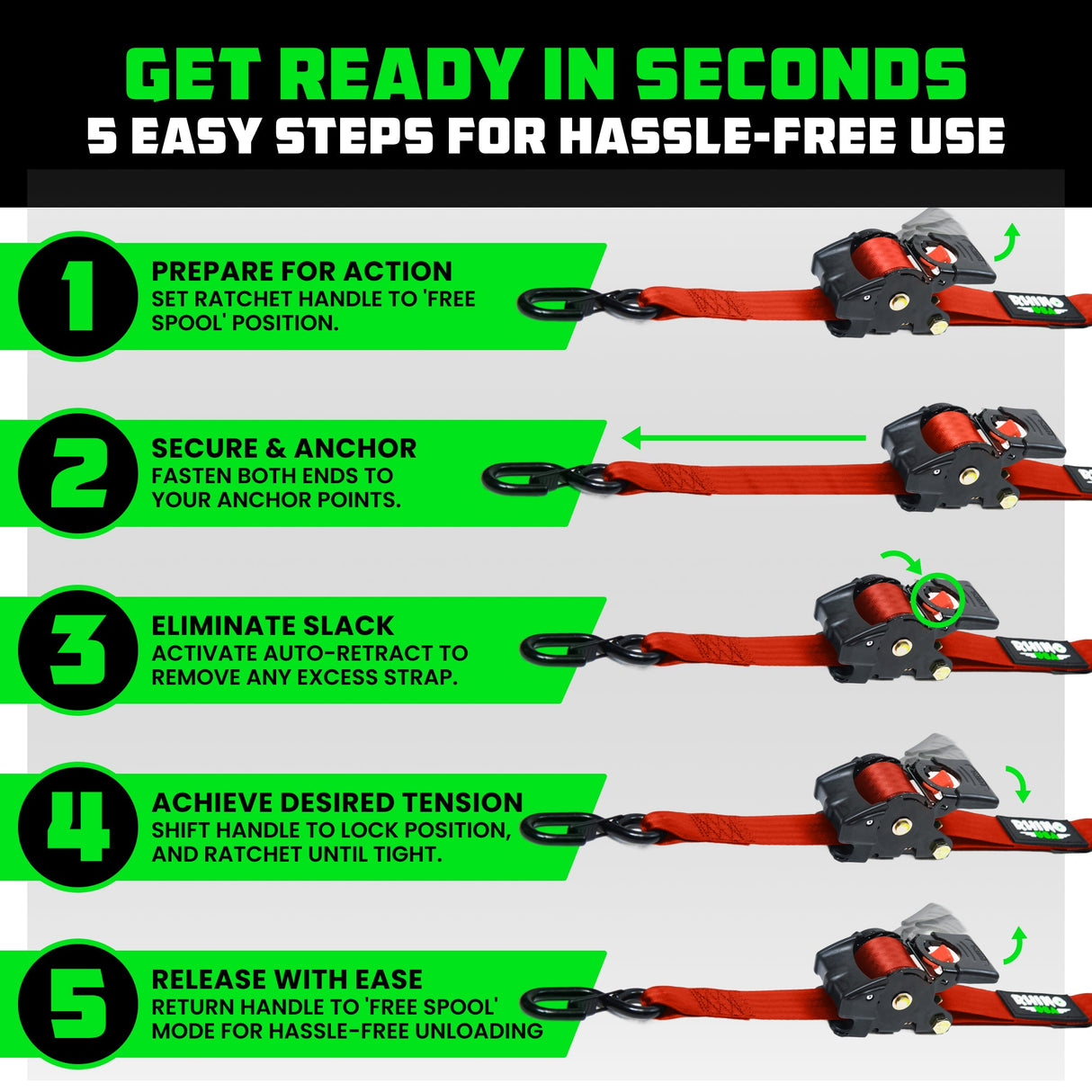 2" x 10' Retractable Ratchet Straps