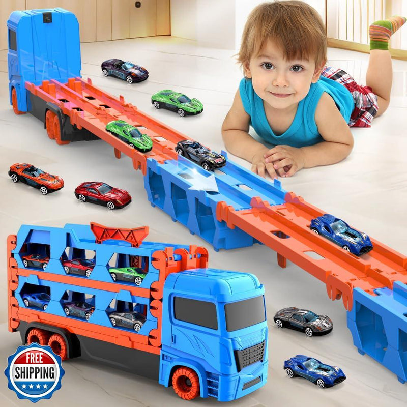 61-Inch Dual Race Track and Eject Car Transport Truck Toy for Kids