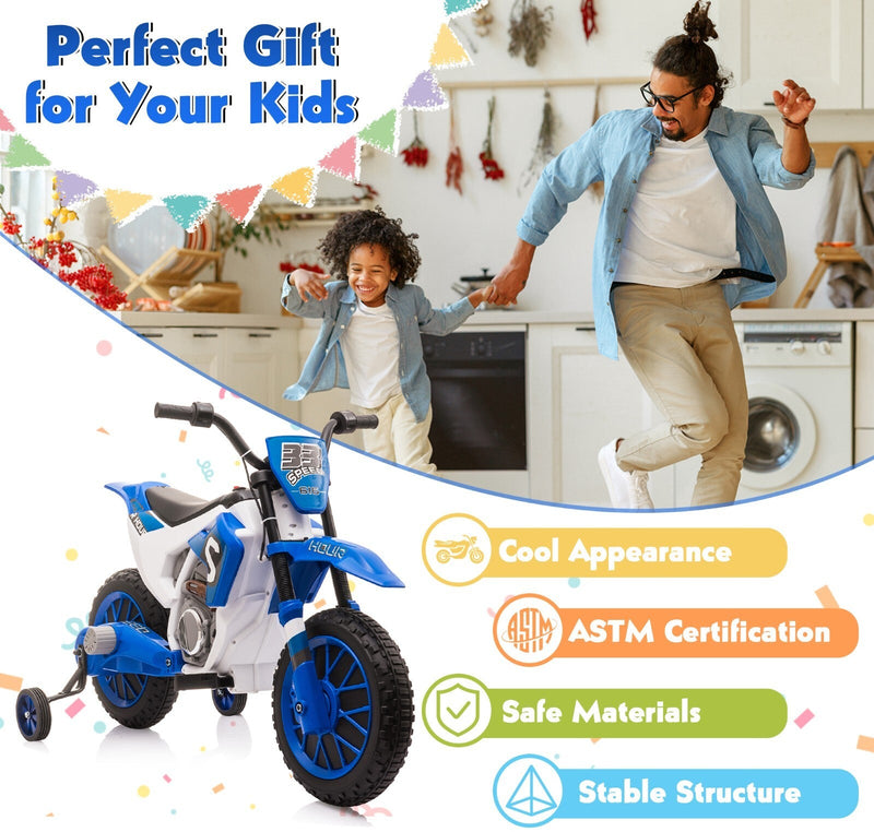 Electric 12V Blue Kids Ride-On Motorcycle with Training Wheels