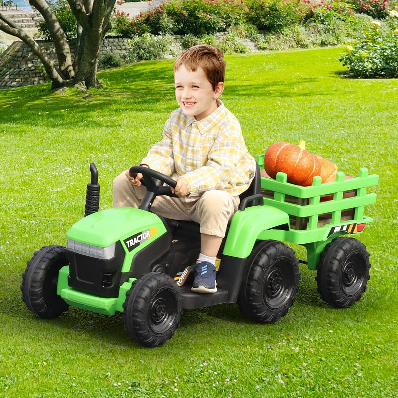 TOBBI 12V Battery-Powered Toy Tractor with Trailer for Kids' Electric Ride-On Fun
