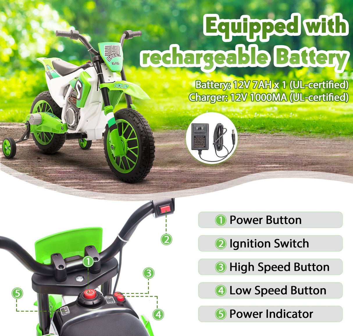 TOBBI 12V Electric Dirt Bike for Kids with Training Wheels - Realistic Motorbike Experience