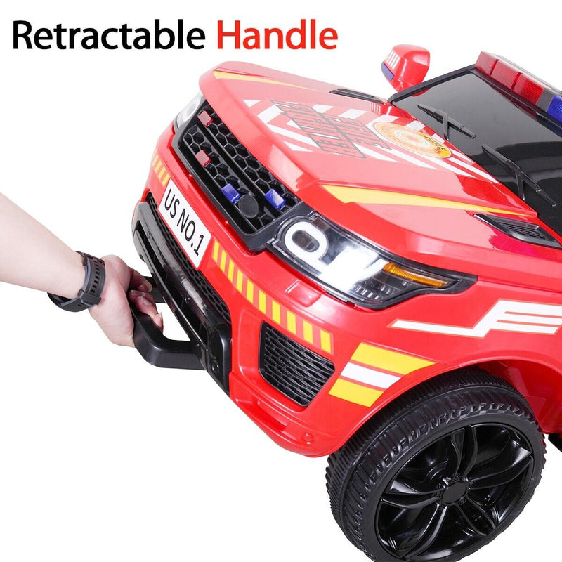 TOBBI 12V Electric Kids Police Car Fire Truck with Megaphone, Remote Control, and Lights