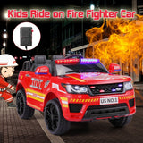 TOBBI 12V Electric Kids Police Car Fire Truck with Megaphone, Remote Control, and Lights