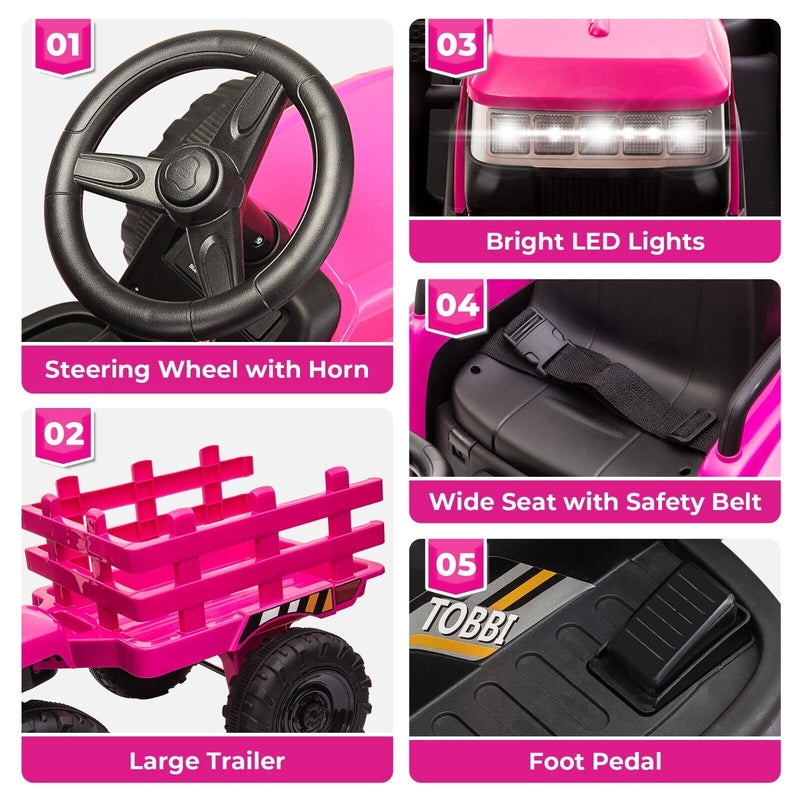 TOBBI 12V Electric Kids Tractor with Trailer and Dual Motors