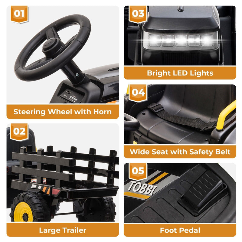 TOBBI 12V Electric Tractor Ride-On Car with Trailer for Kids - Battery Powered Toy Vehicle