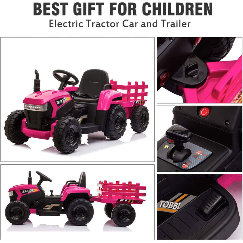 TOBBI 12V Kids Electric Ride On Tractor with Trailer in Rose Red