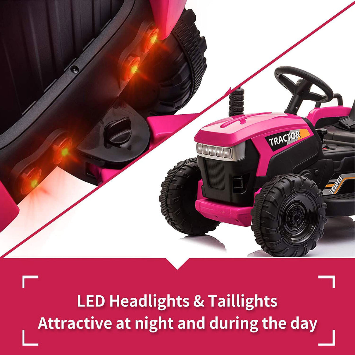 TOBBI 12V Kids Electric Ride On Tractor with Trailer in Rose Red