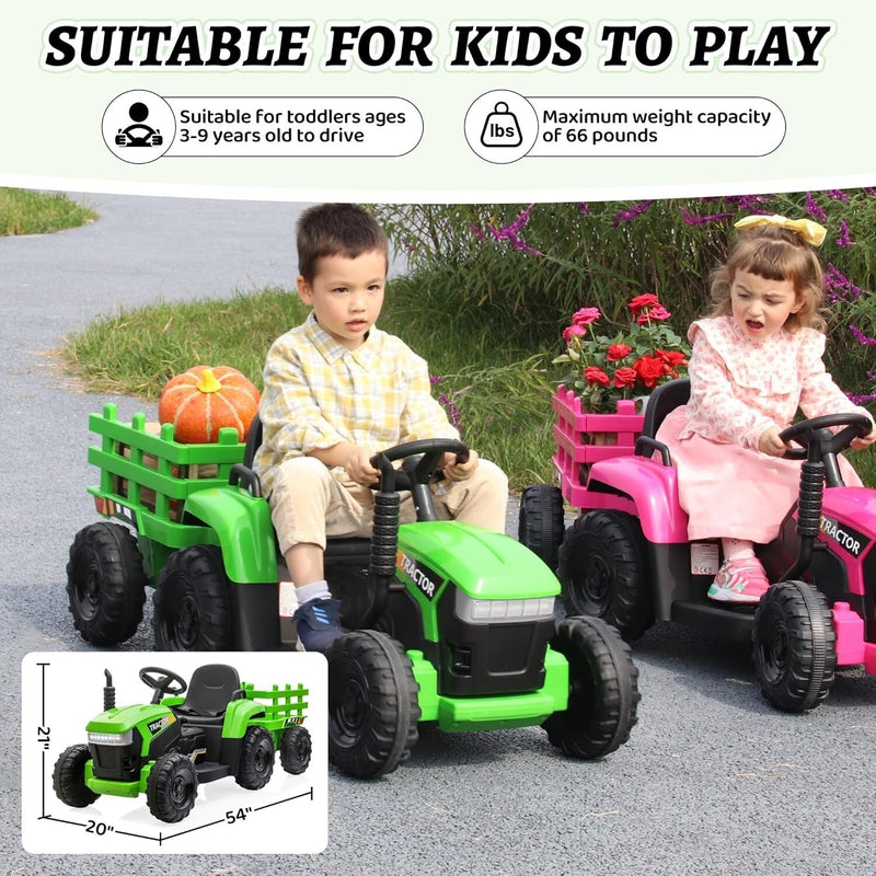 12V Battery-Powered Kids Ride-On Tractor Toy with Trailer and 35W Dual Motors