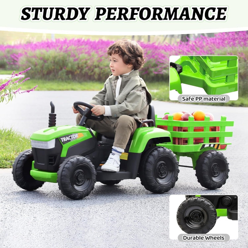 12V Battery-Powered Ride-On Tractor Toy with Trailer for Toddlers