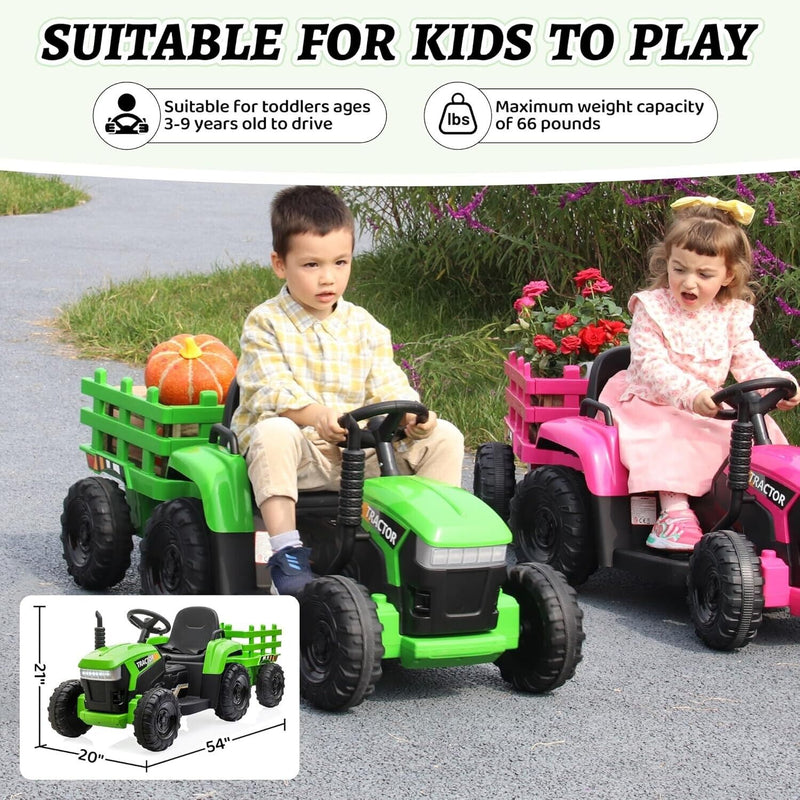 12V Battery-Powered Ride-On Tractor Toy with Trailer for Toddlers