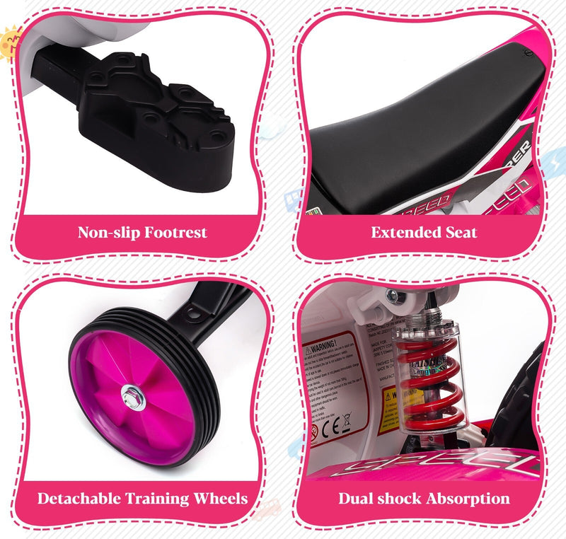 Electric 12V Kids Ride-On Dirt Bike Motorcycle with Training Wheels and 2 Speeds