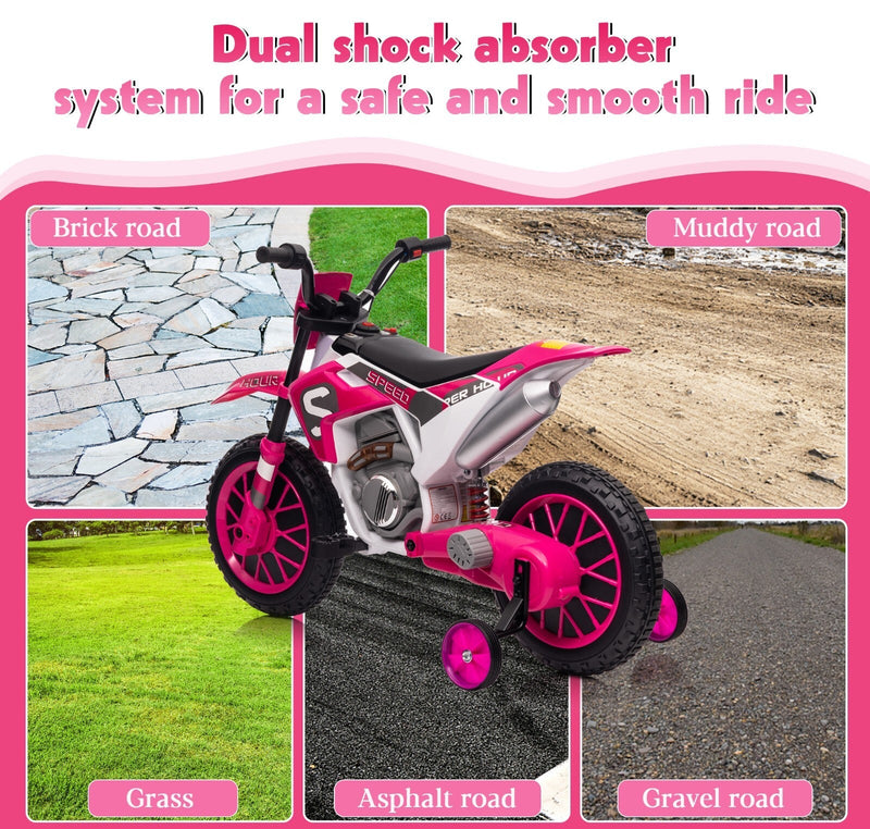 Electric 12V Kids Ride-On Dirt Bike Motorcycle with Training Wheels and 2 Speeds