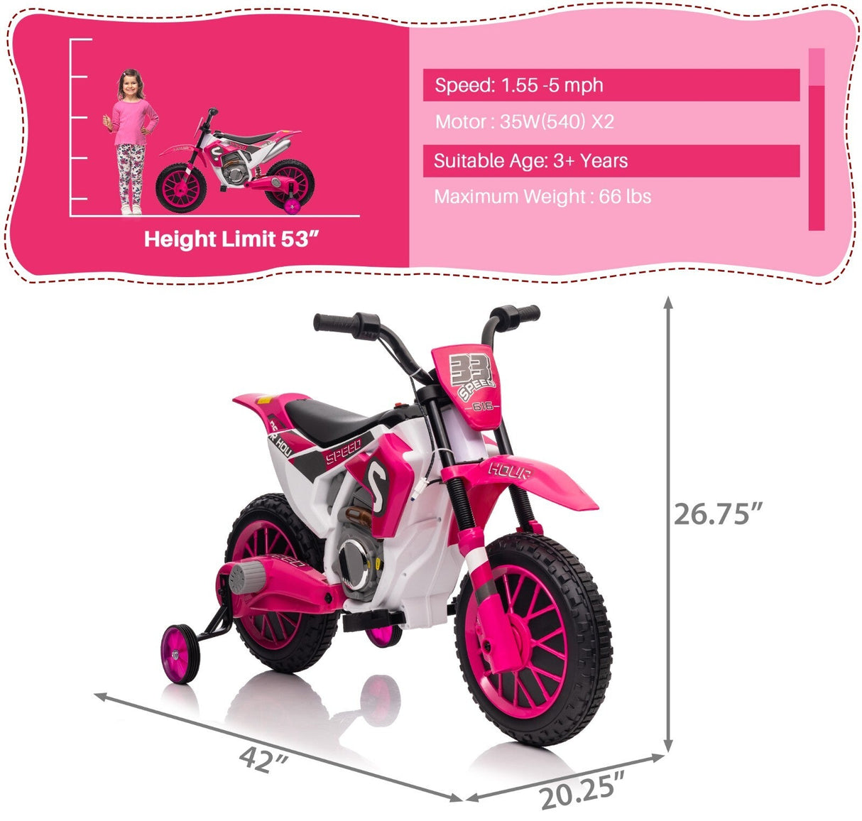 Electric 12V Kids Ride-On Dirt Bike Motorcycle with Training Wheels and 2 Speeds