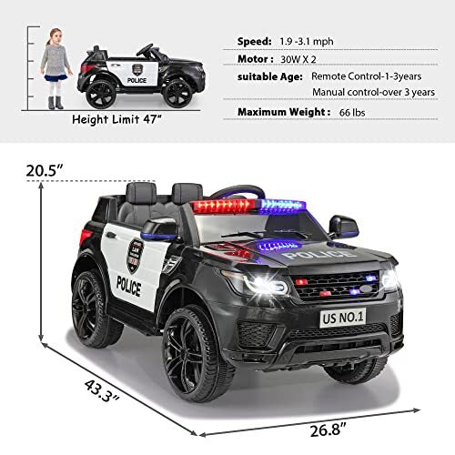 12V Battery-Powered Electric Police Ride-On Car for Kids