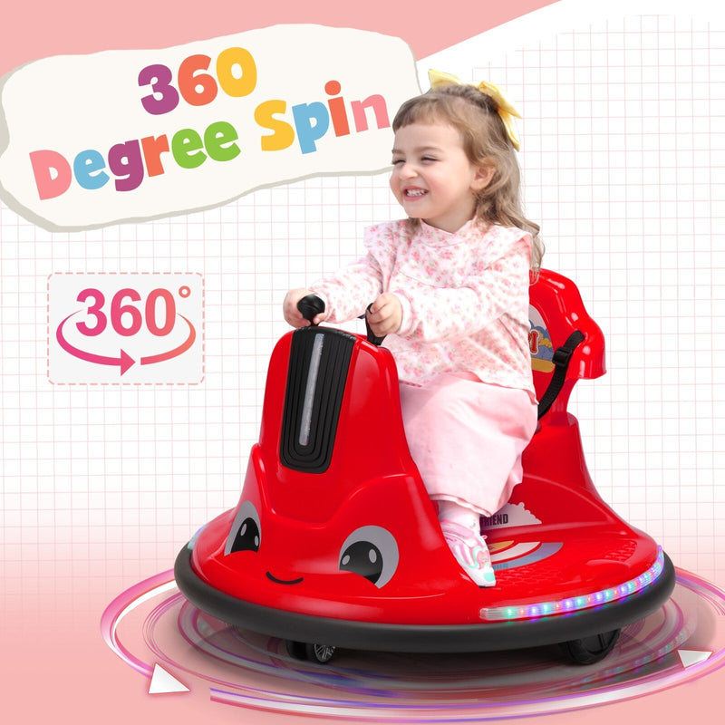 360° Spinning Ride-On Bumper Car for Kids with Remote Control and LED Lights, Red