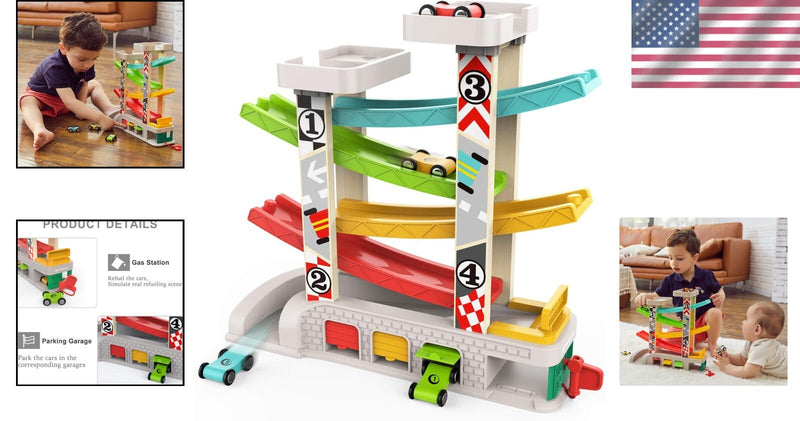Toddler Race Track Toy with 4 Wooden Cars Montessori Learning Playset