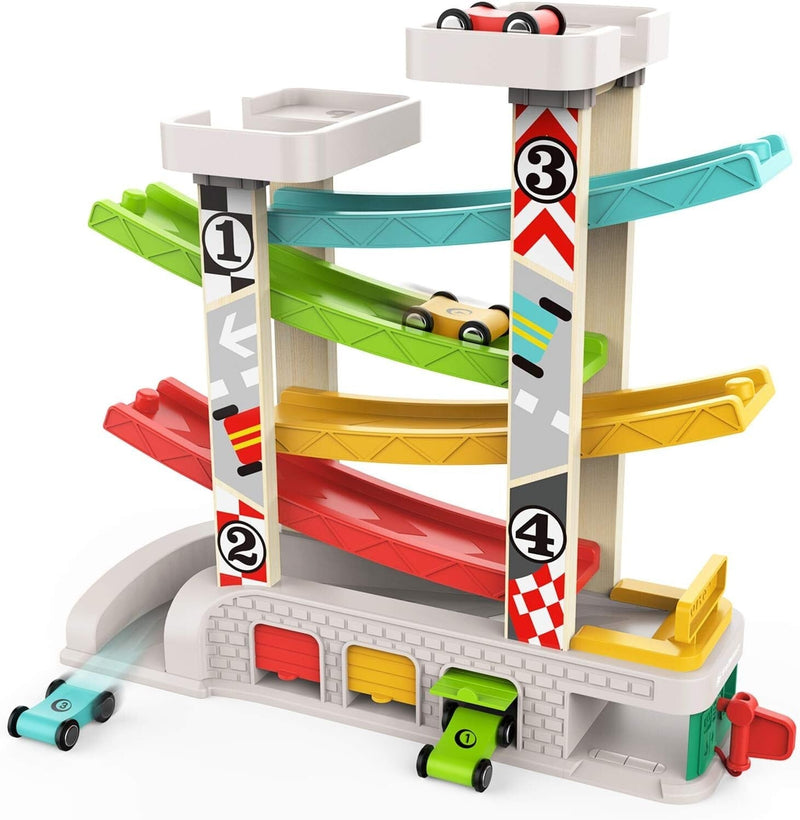 Toddler Race Track Toy with 4 Wooden Cars Montessori Learning Playset